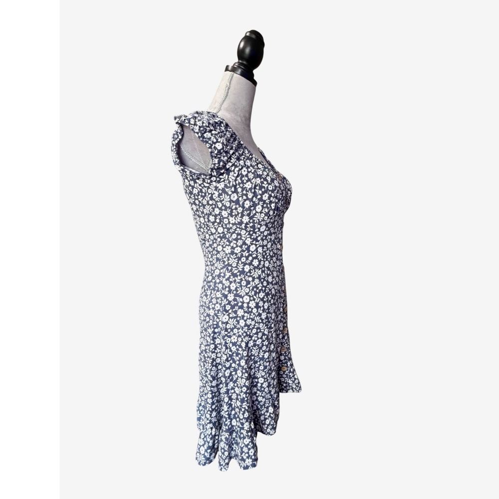 Derek Heart Navy Blue Floral Milkmaid Mini Dress Button Front Ruffle Hem Medium - Picture 3 of 8